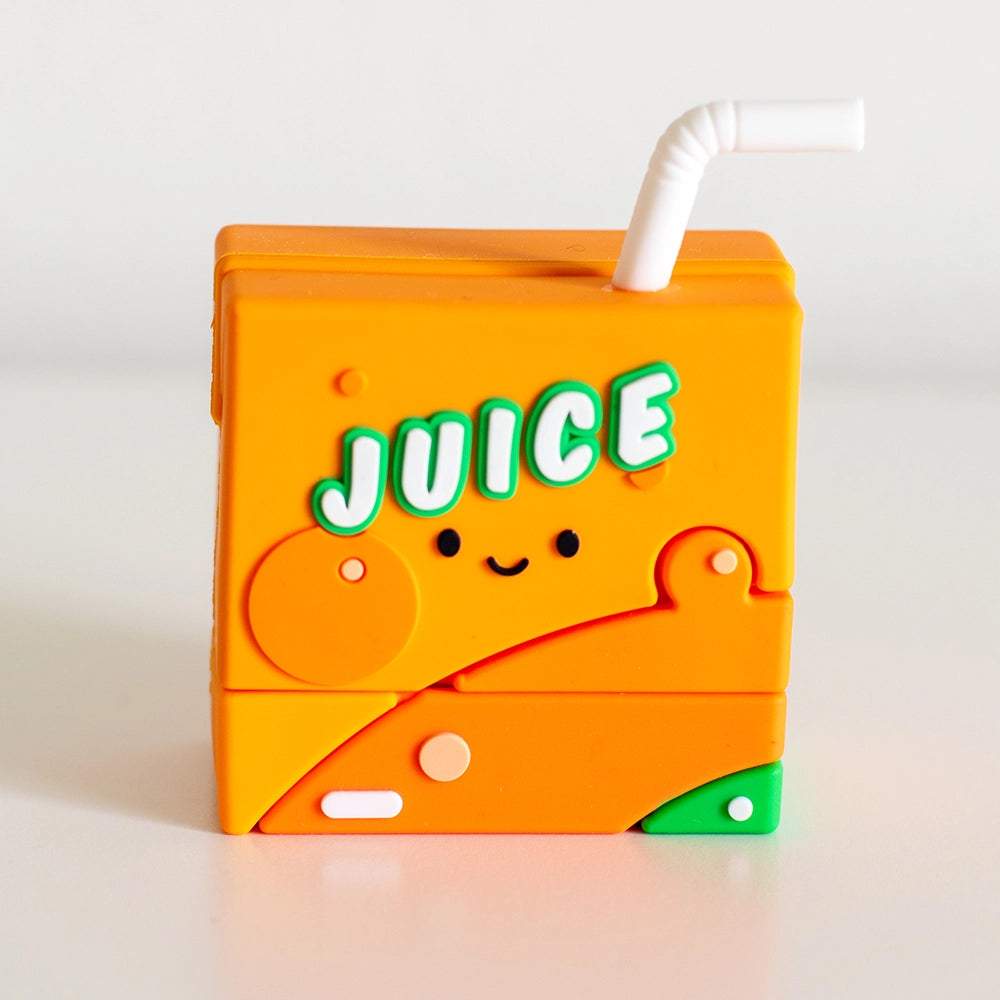 Juicy Sip name stamp designed like a orange juice box with straw