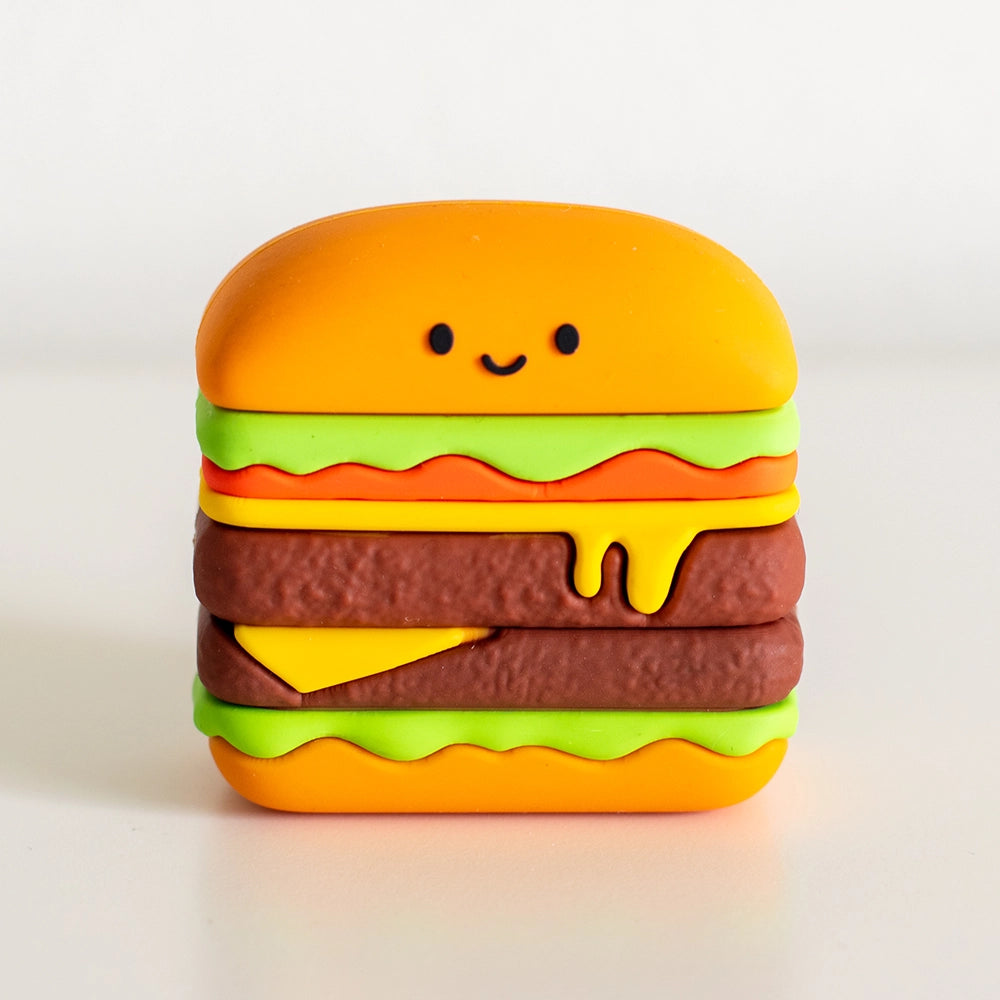 Nom Nom Burger name stamp designed like a burger with two patties, cheese, tomato and lettuce