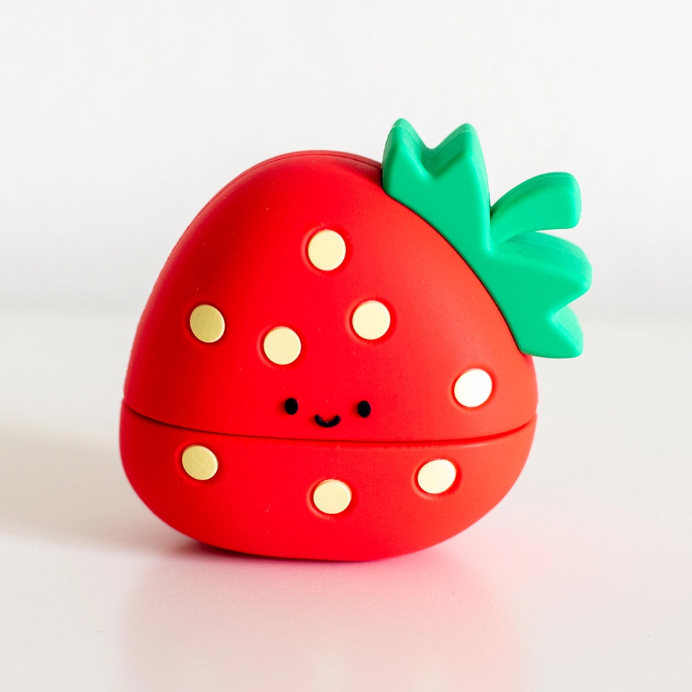 Strawberry Smile name stamp designed like a whole red strawberry with green top