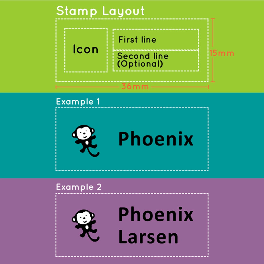 Name stamp layout showing the position of the icon, first line and optional second line names alongside two different examples